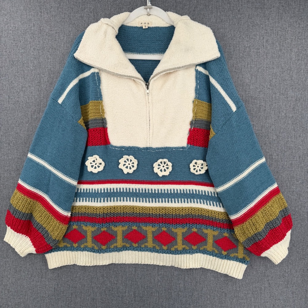 POL Oversized Colorblock Striped Chunky Quarter Zip Sweater Boho Crochet Flower